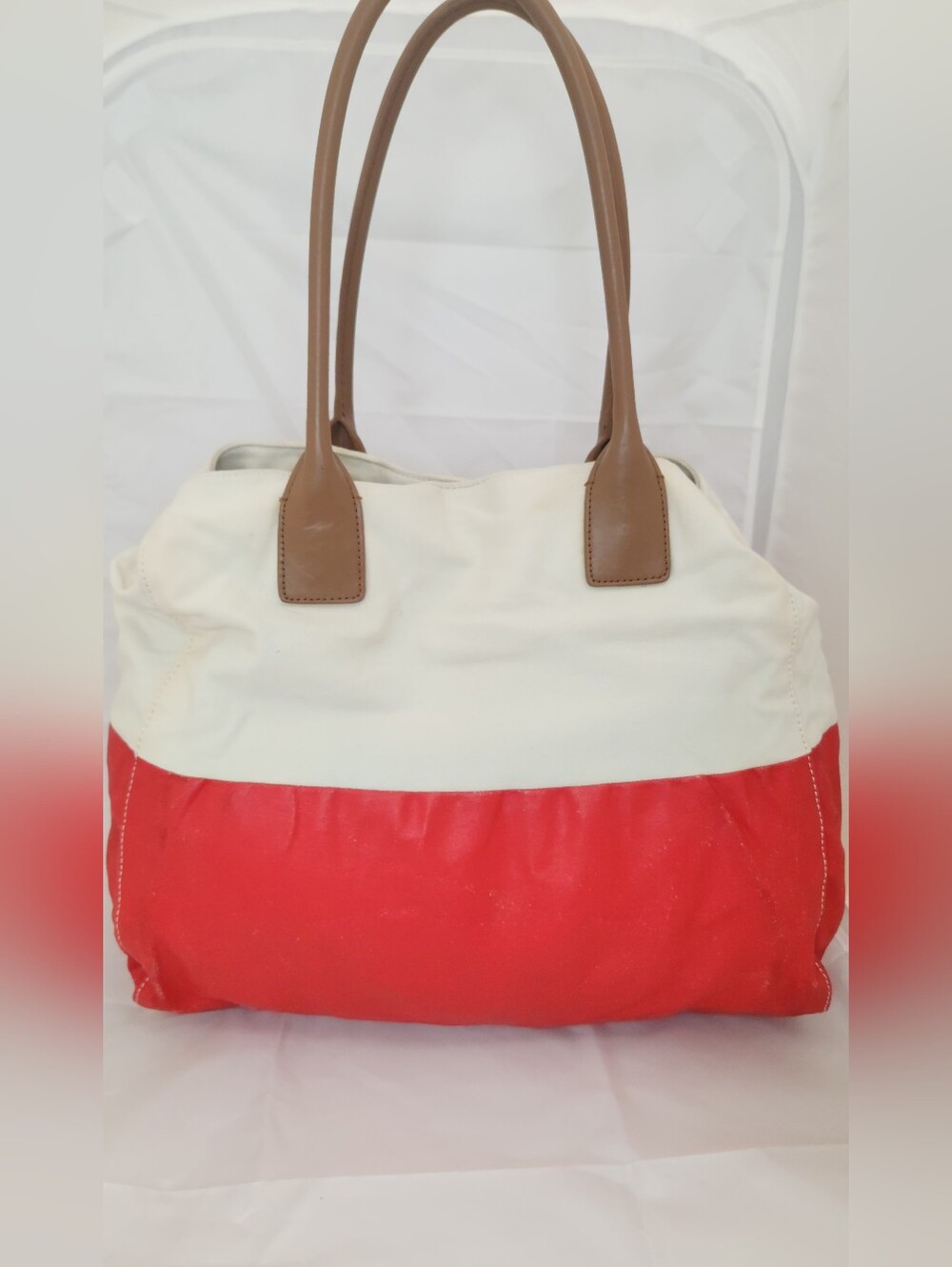 Tory Burch Cream and Red Canvas Tote with Tan Leather Trim Nearly PERCECT - Picture 11 of 13